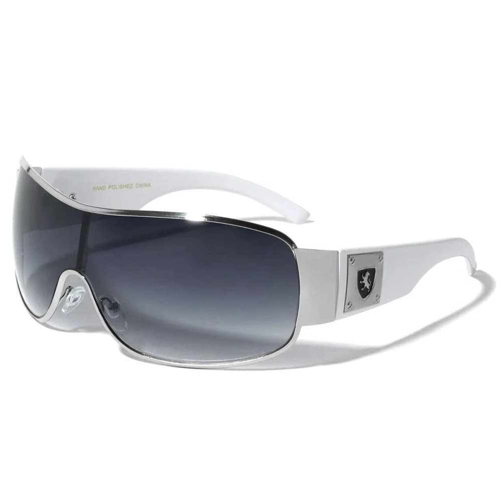 Men Shield Sunglasses Silver White Wrap Oversize Smoke Gradient Lens Performance